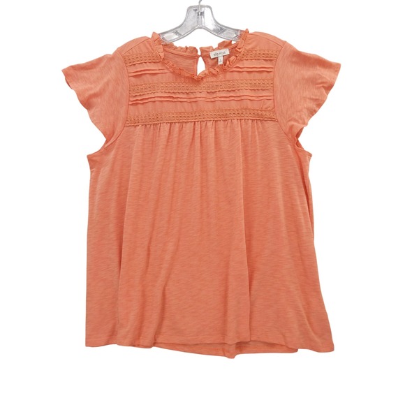 Ella Moss Ruffle Neck Top Crochet‎ Trim Flutter Sleeve Blouse Coral Size L - Picture 1 of 8